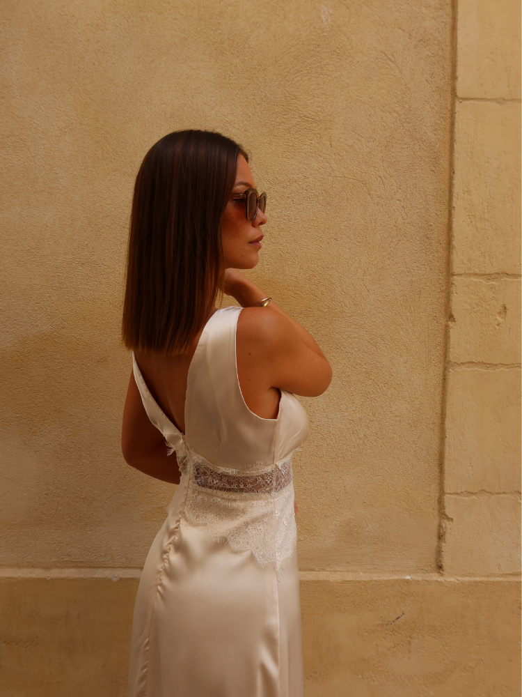 Robe longue fluide à dentelle - Golden hour