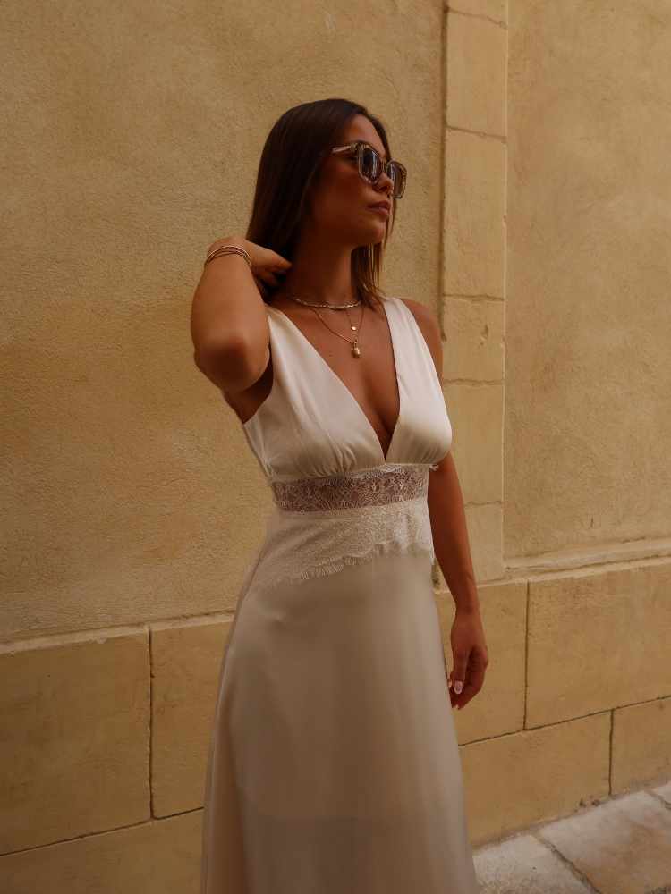 Robe longue fluide à dentelle - Golden hour