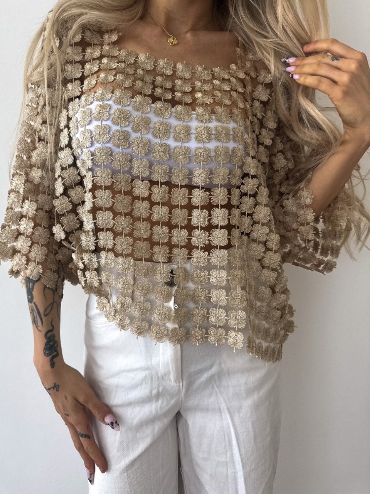 Top à fleurs doré en maille transparente – Élégance bohème chic | Boutique femme Nîmes & Avignon