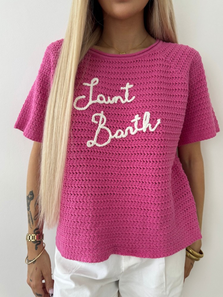 T-shirt maille rose femme – Écriture blanche "Saint Barth" au centre | French Retailers