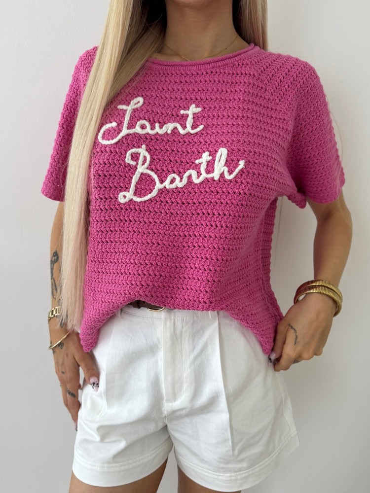 T-shirt maille rose femme – Écriture blanche "Saint Barth" au centre | French Retailers