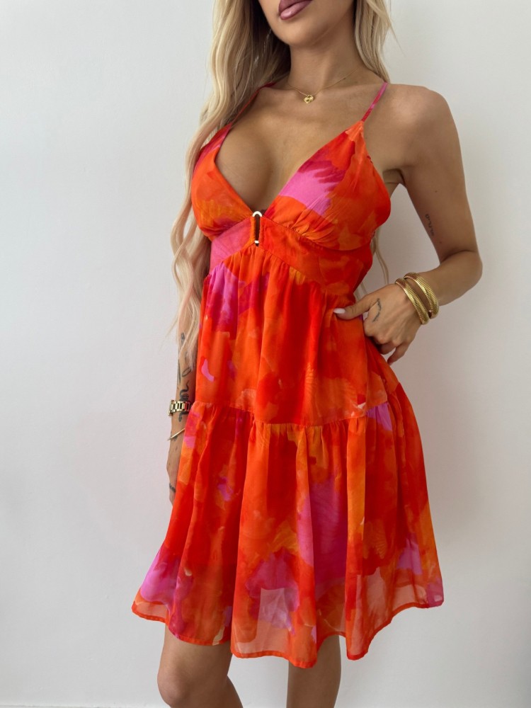Robe courte fluide orange et rose – Bretelles fines – Décolleté plongeant – French Retailers Nîmes & Avignon
