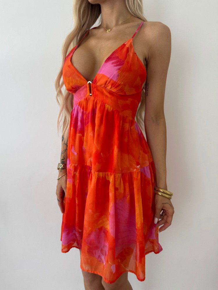 Robe courte fluide orange et rose – Bretelles fines – Décolleté plongeant – French Retailers Nîmes & Avignon