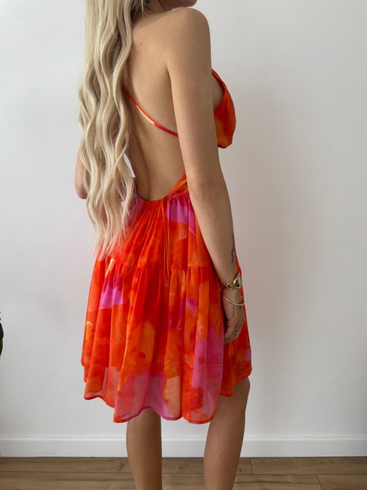 Robe courte fluide orange et rose – Bretelles fines – Décolleté plongeant – French Retailers Nîmes & Avignon