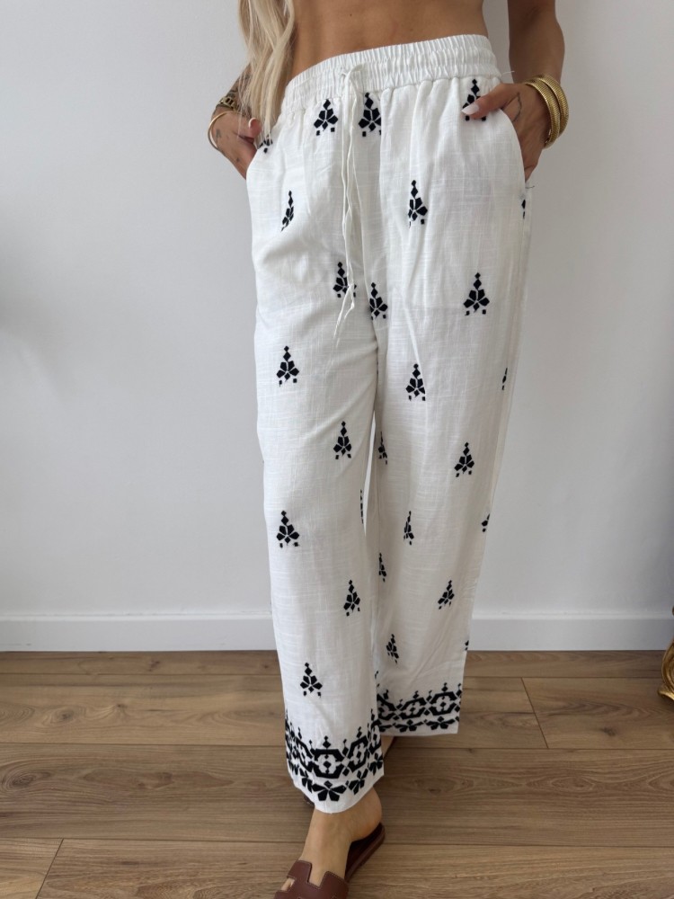 Pantalon blanc femme – Taille élastique avec lacet – Motifs noirs sur les jambes – Style casual chic