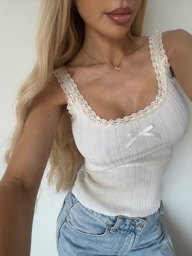 Top en dentelle et tissu côtelé avec nœud – Blanc & Jaune – French Retailers