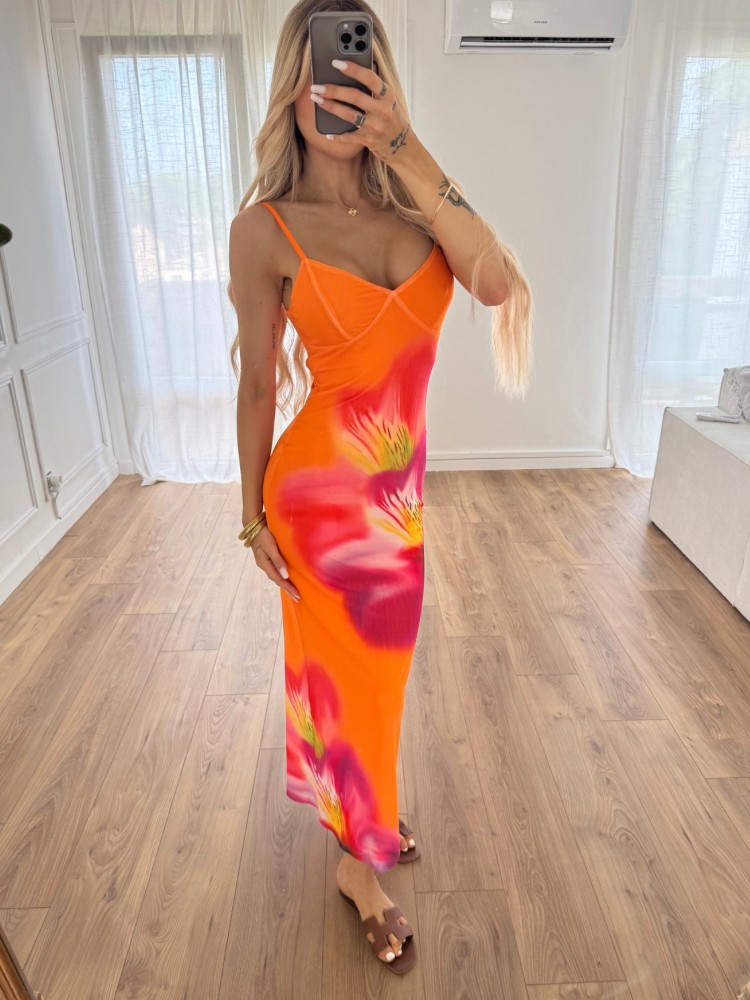 Robe longue orange fleur rose - French retailers