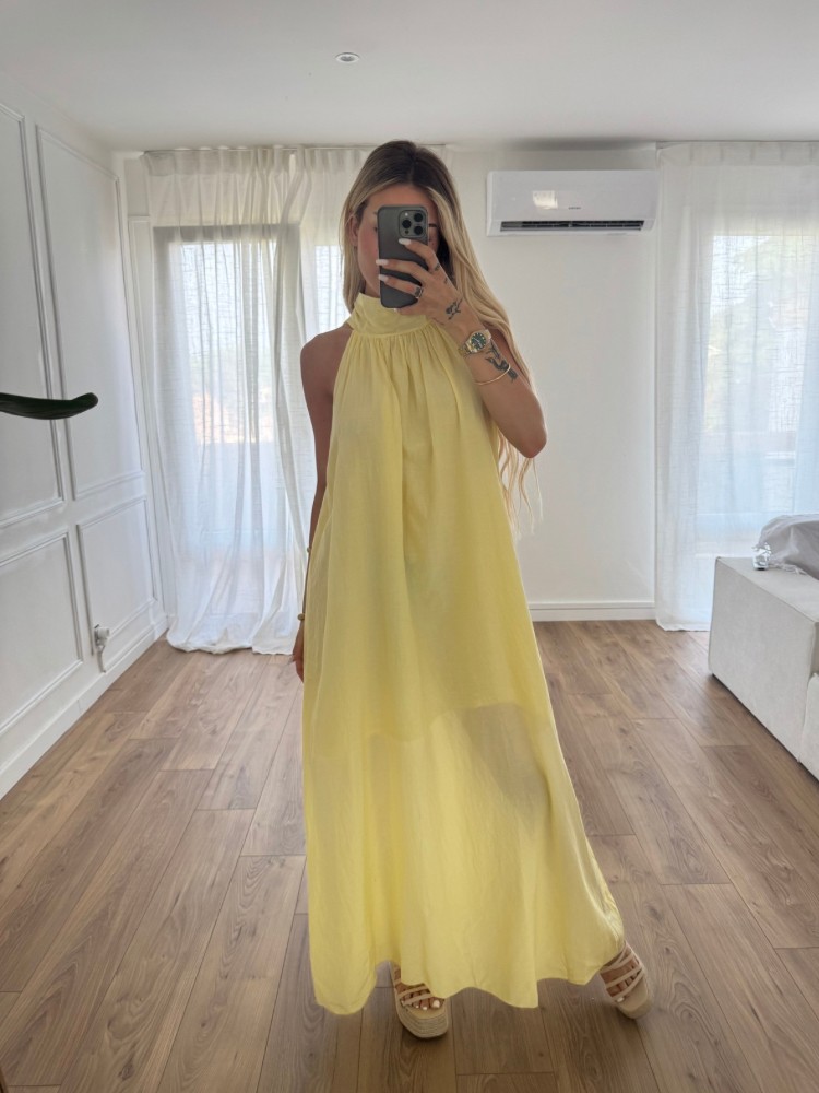 Robe longue jaune attache au cou - French retailers