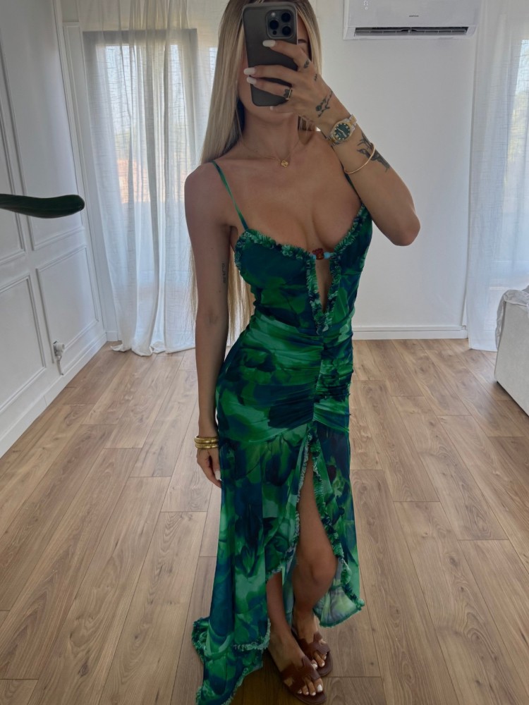 Robe verte décolleté fendue fluide – Élégante et tendance