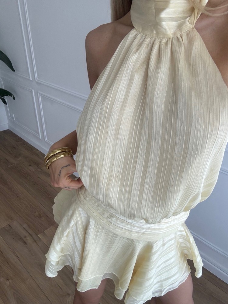 Robe courte dos nu en satin plissé – Édition été – Vert menthe ou Jaune pastel