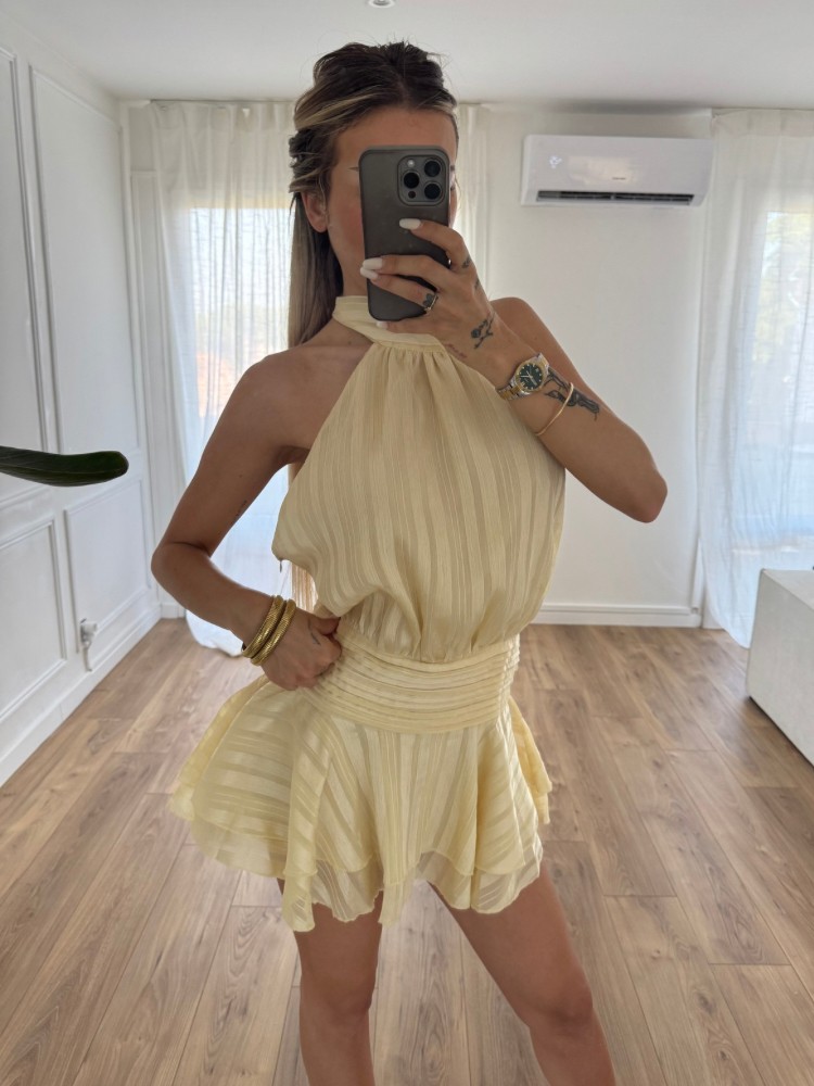 Robe courte dos nu en satin plissé – Édition été – Vert menthe ou Jaune pastel