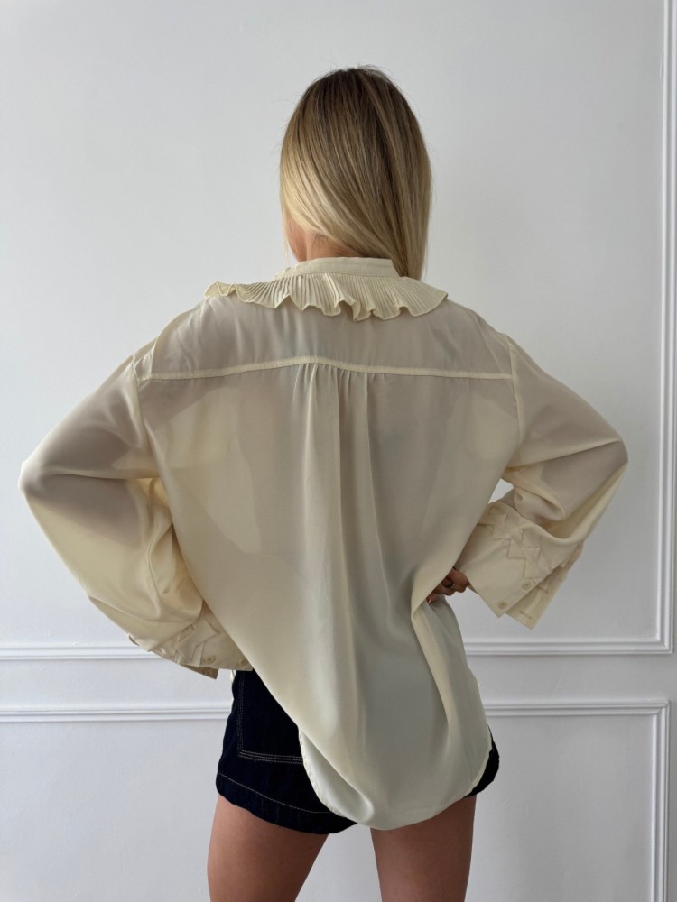 Blouse femme élégante à volants – Bleu clair ou Jaune clair – French Retailers Nîmes & Avignon
