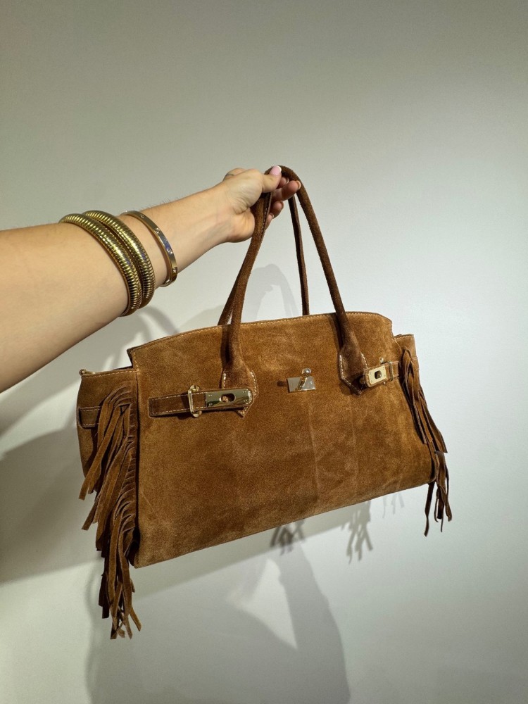 Sac à Main Femme Style luxe – Suédine Camel avec Franges