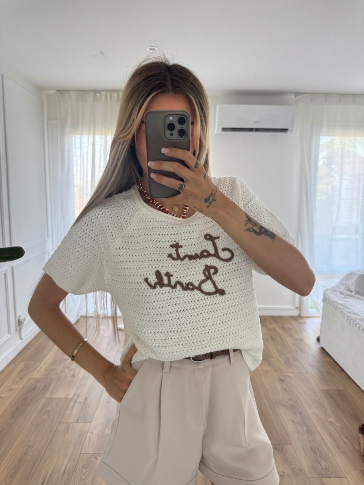 T-shirt maille rose femme – Écriture blanche "Saint Barth" au centre | French Retailers