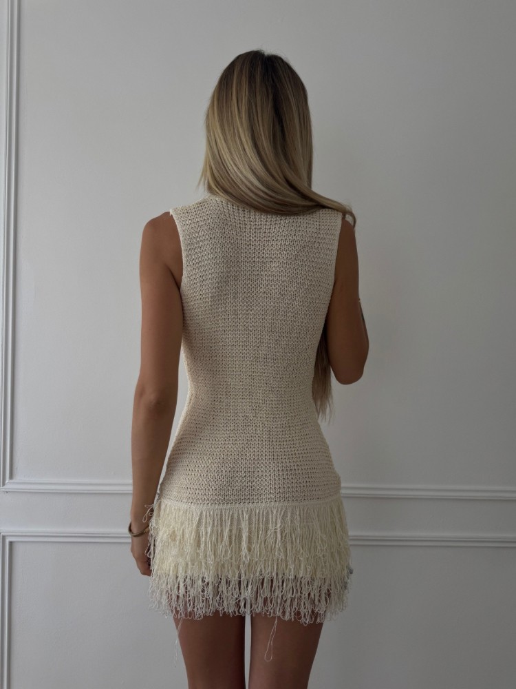 Robe maille beige sans manches avec franges – French retailers