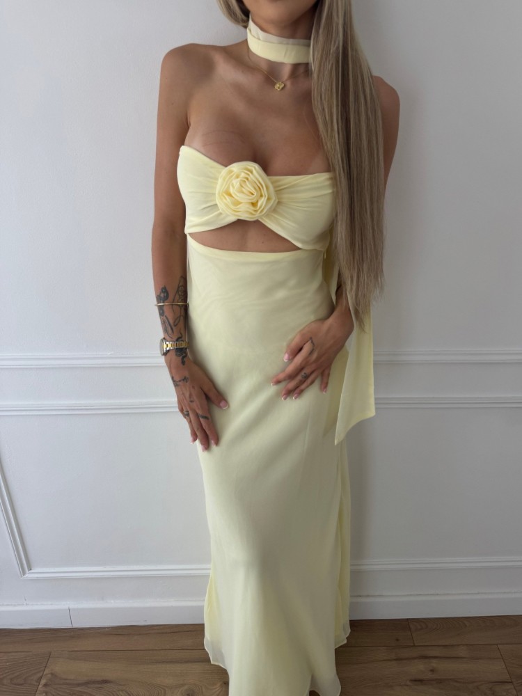 Robe longue bustier jaune pastel avec fleur – French Retailers
