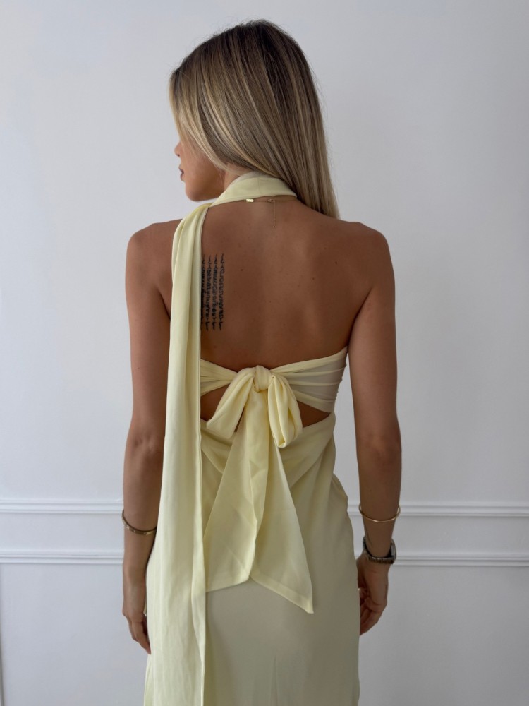 Robe longue bustier jaune pastel avec fleur – French Retailers
