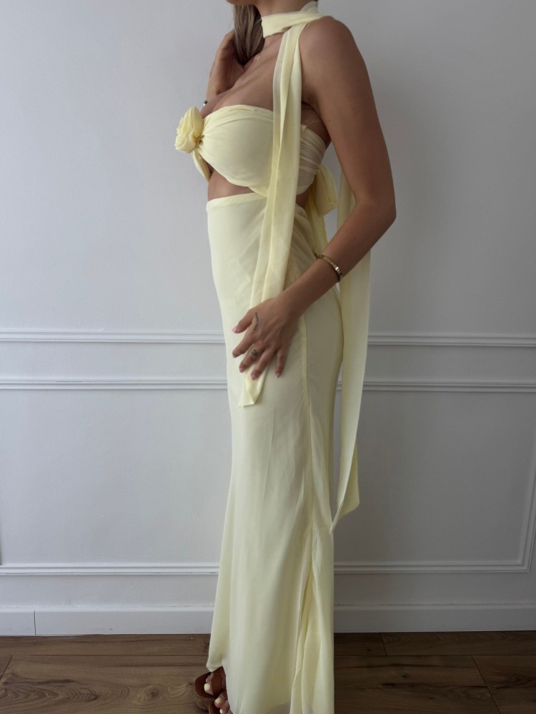 Robe longue bustier jaune pastel avec fleur – French Retailers