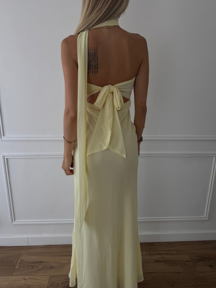 Robe longue bustier jaune pastel avec fleur – French Retailers