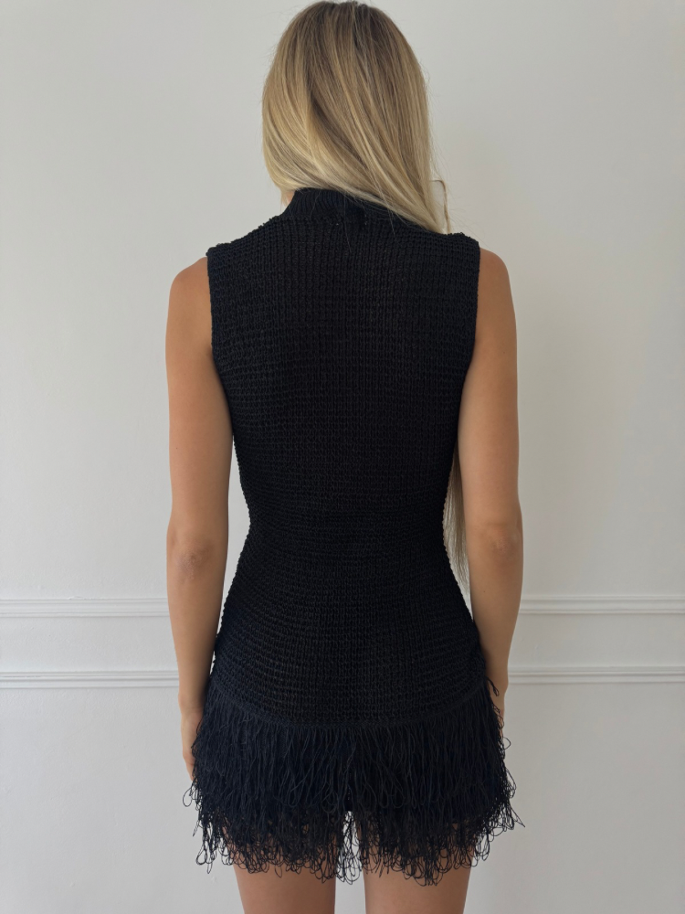 Robe maille beige sans manches avec franges – French retailers