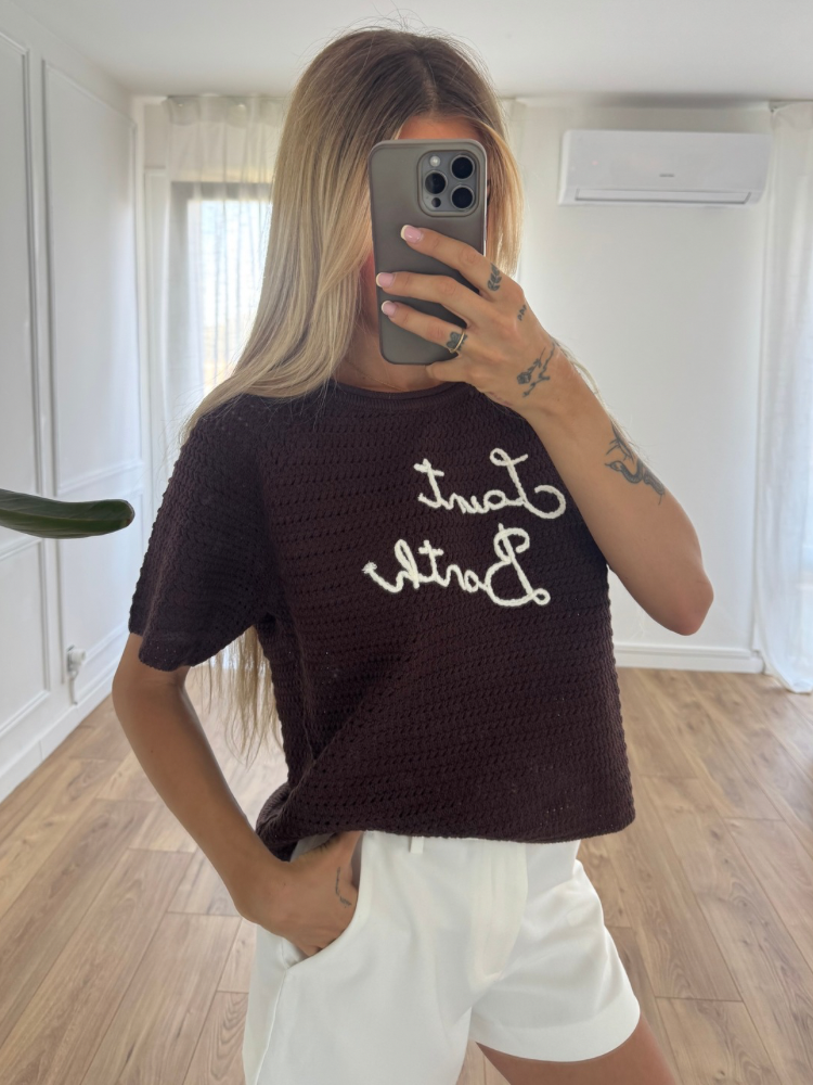 T-shirt maille rose femme – Écriture blanche "Saint Barth" au centre | French Retailers