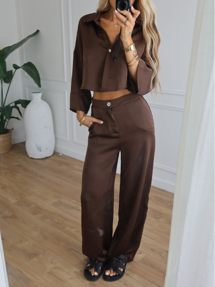 Pantalon satiné marron fluide pour femme - French retailers