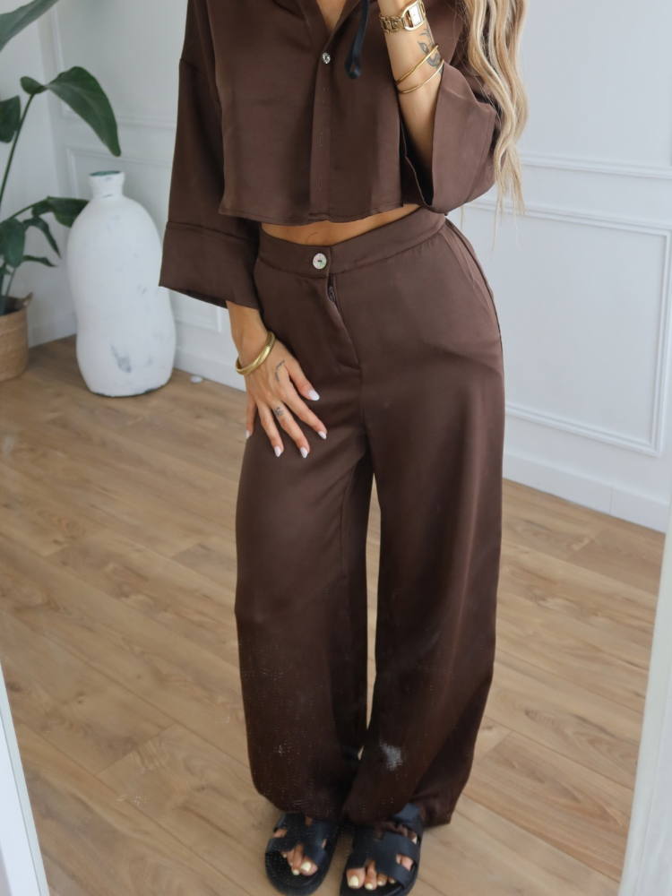 Pantalon satiné marron fluide pour femme - French retailers