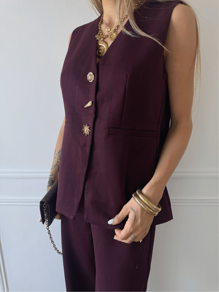 Top Sans Manches Marron – Dos Fendu & Boutons Bijoux