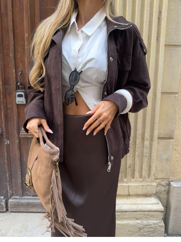 Veste Femme Effet Suédine – Marron Foncé ou Beige | Boutique French Retailers Avignon & Nîmes