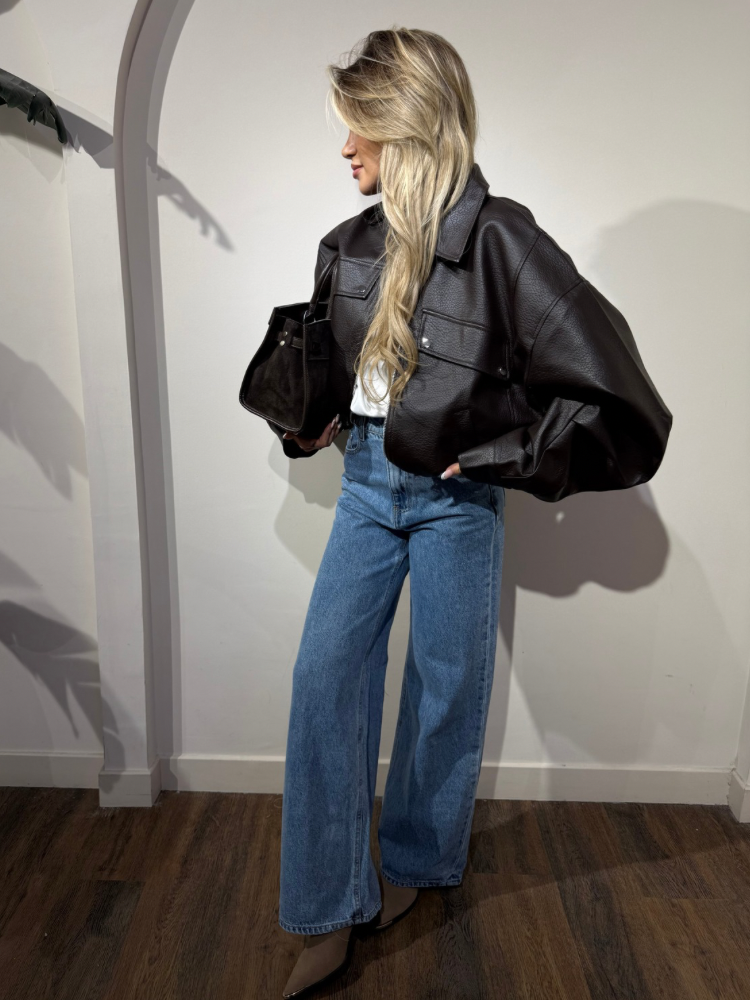 Veste ballon oversize en similicuir chocolat – Tendance 2025 – Coupe large et stylée