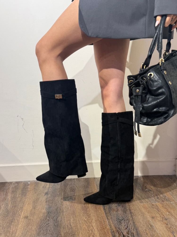 Bottes hautes noires en suédine – Bout pointu & talon compensé – Nîmes & Avignon