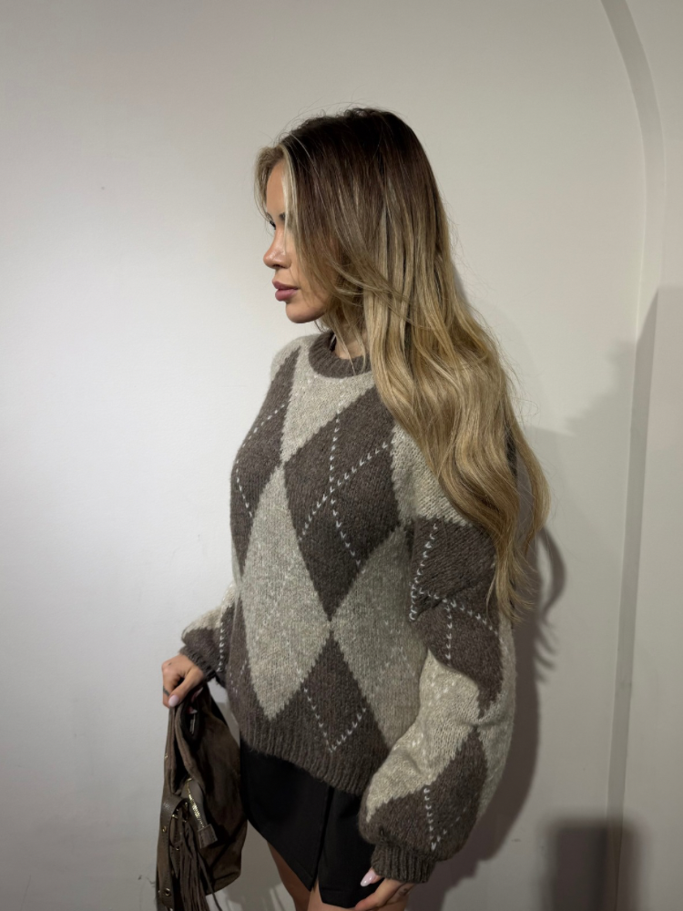 Pull oversize à losanges marron & noir – French retailers