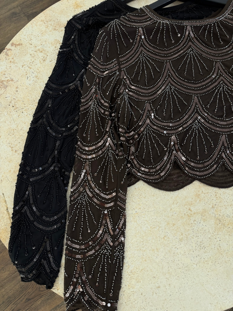 Top brodé à sequins – Manches longues transparentes