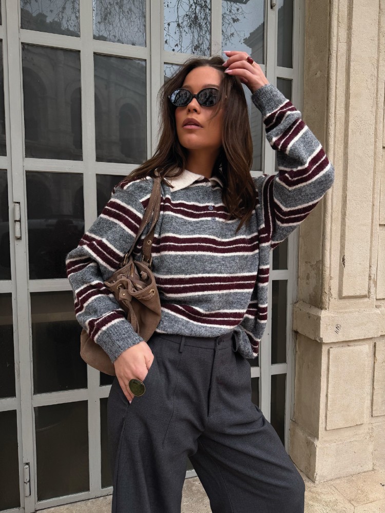 Polo Pull rayé Prune & Gris – French Retailers