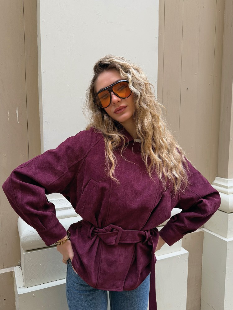 Veste Ceinturée Bordeaux Effet Suédine - French Retailers