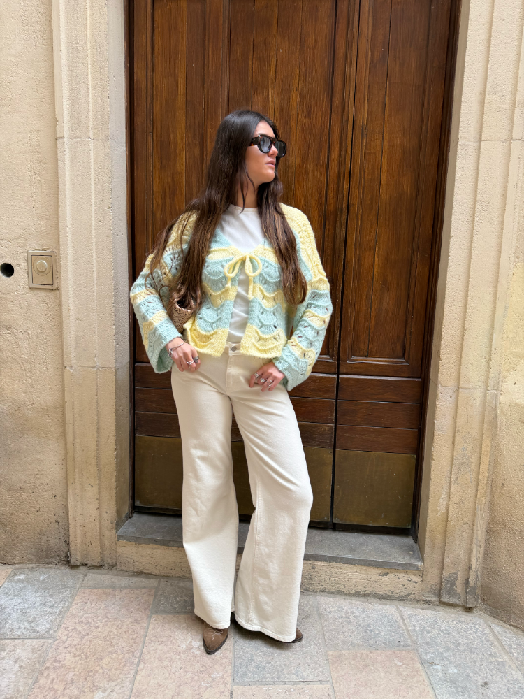 Gilet en maille bicolore avec nœud devant pour femme - French Retailers