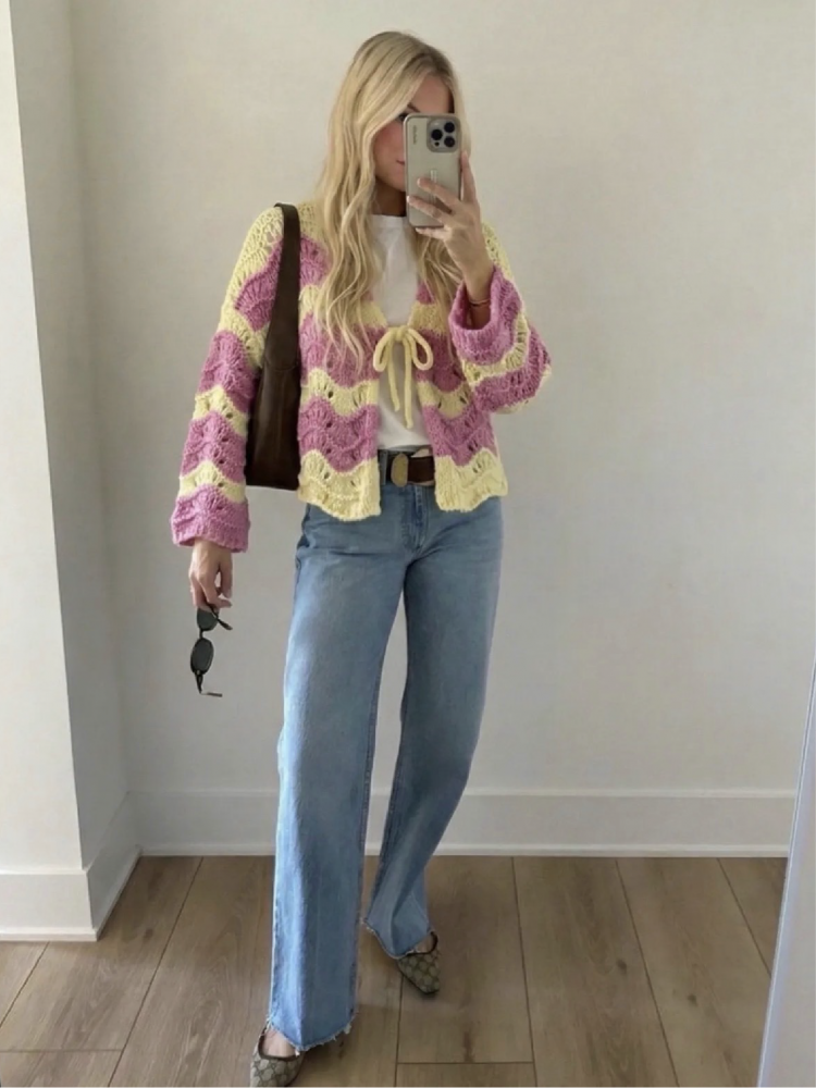 Gilet en maille bicolore avec nœud devant pour femme - French Retailers