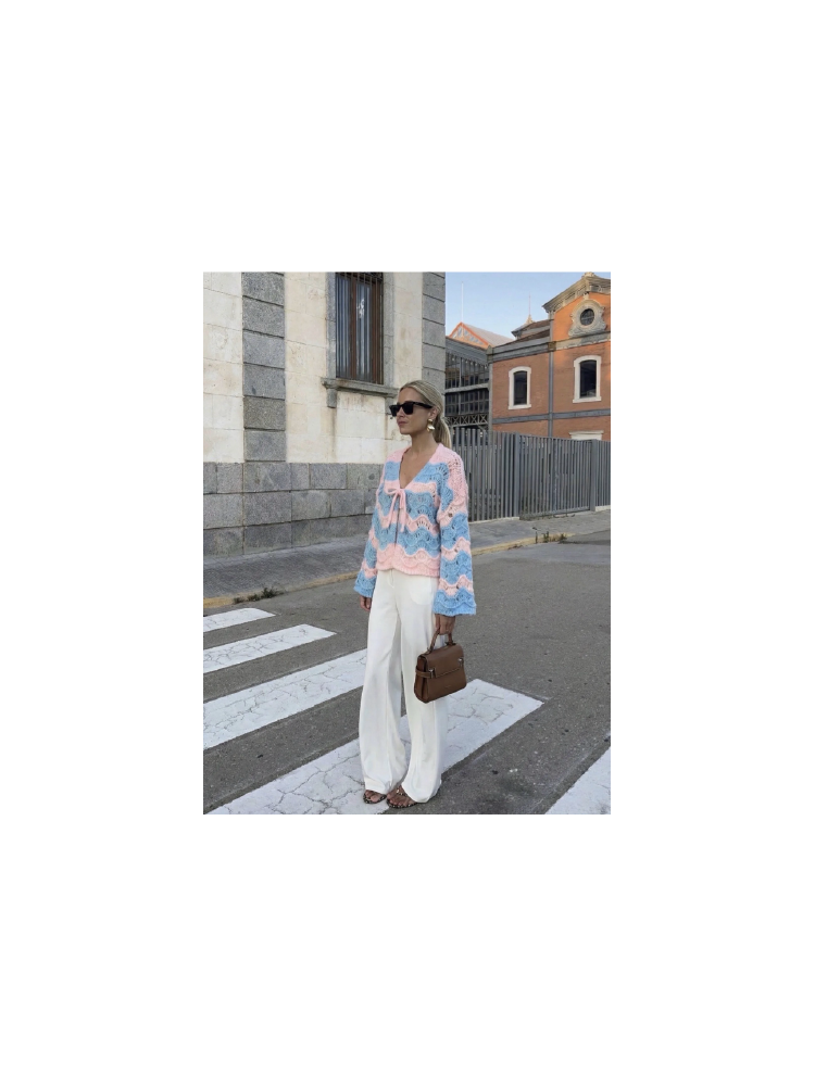 Gilet en maille bicolore avec nœud devant pour femme - French Retailers