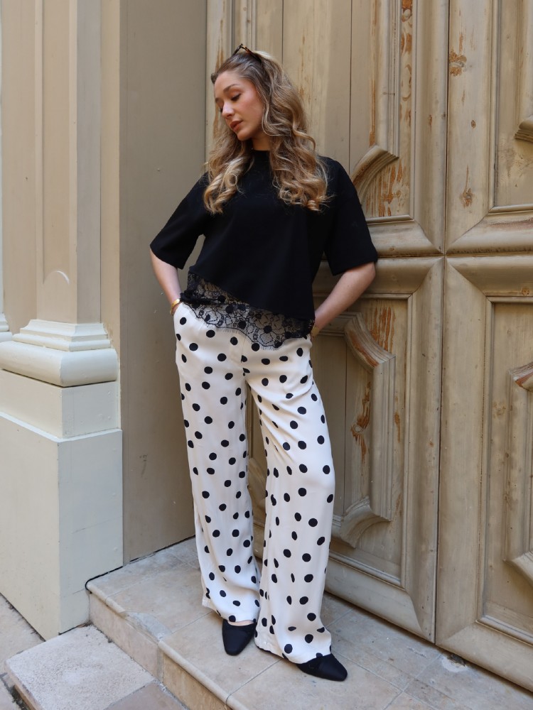 Pantalon fluide blanc à pois noir - French retailers
