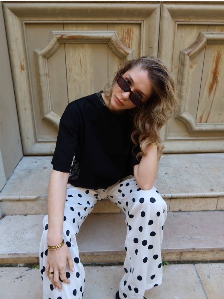 Pantalon fluide blanc à pois noir - French retailers