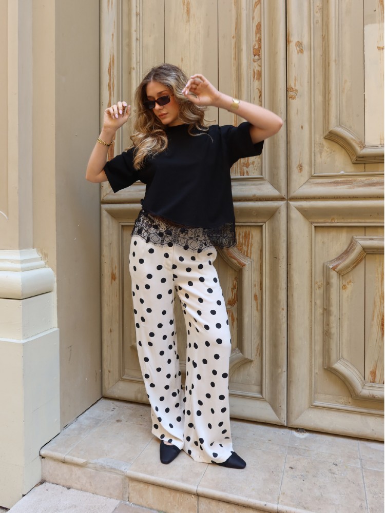 Pantalon fluide blanc à pois noir - French retailers