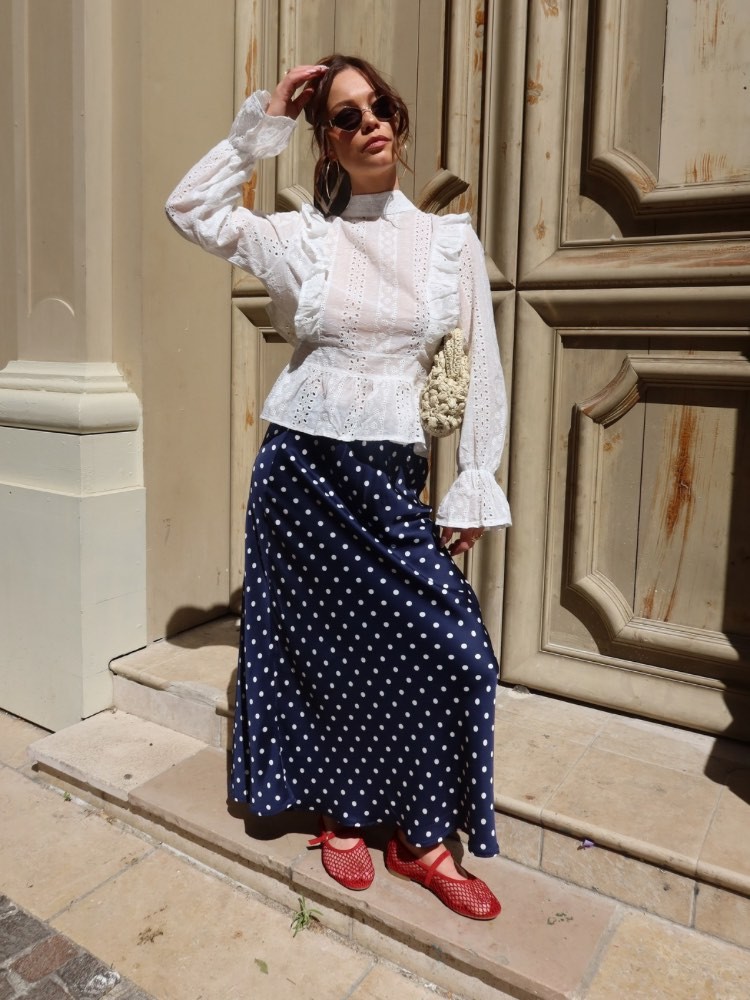 Jupe longue bleue à pois blanc - French retailers