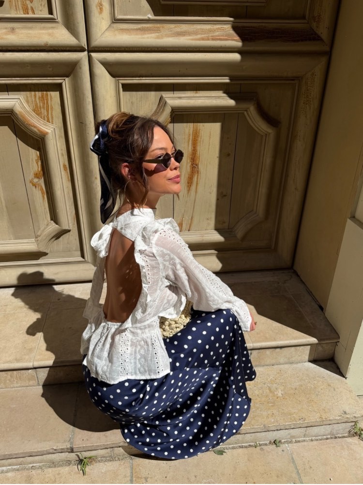 Jupe longue bleue à pois blanc - French retailers